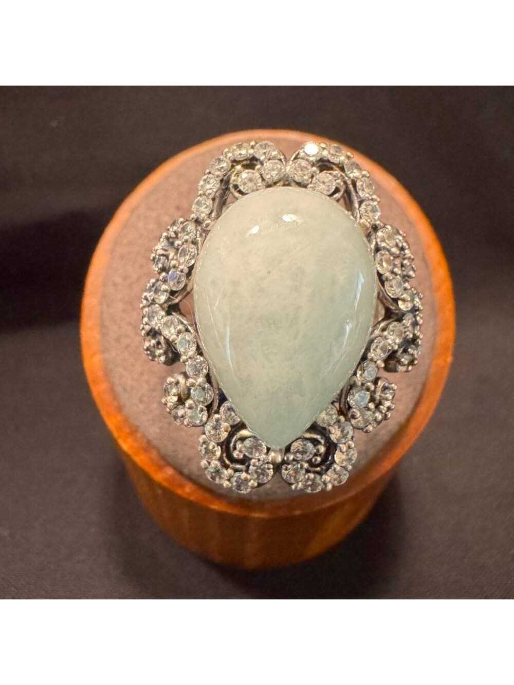 Sterling Silver 925 Jade & Cubic Zirconia Scroll Border Ring Size 10.75